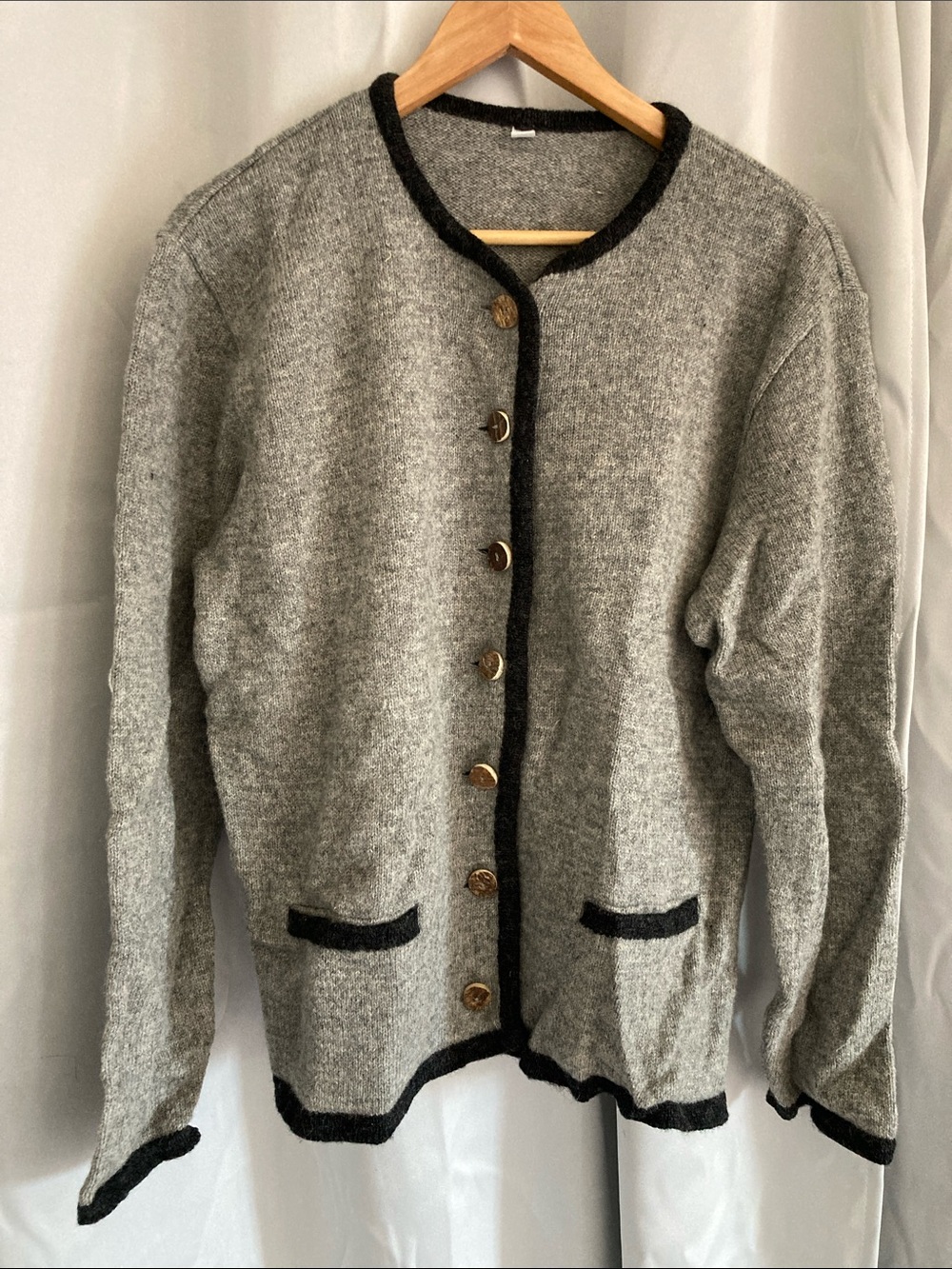 Classic Gray Wool-Blend Cardigan Sweater with Black Trim